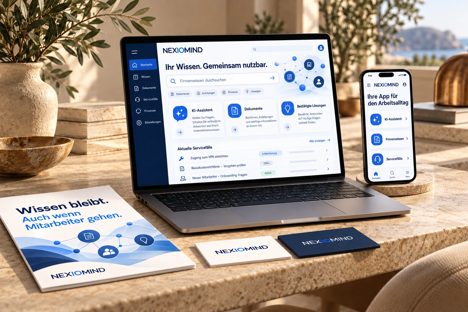NEXIOMIND-Produktkonzept mit Firmenwissen-Dashboard, Arbeitsalltag-App und Broschüre: Wissen bleibt, auch wenn Mitarbeiter gehen