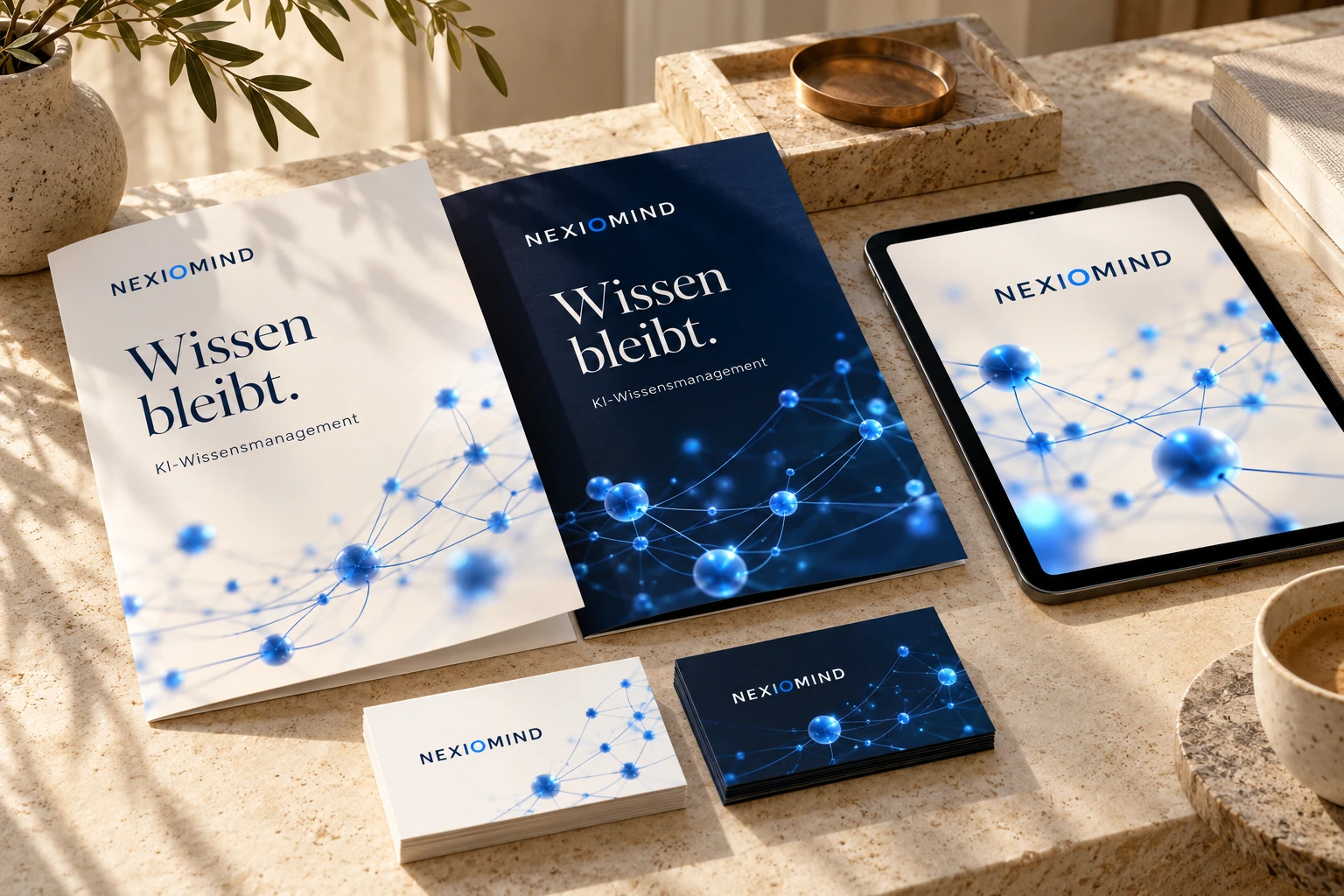 Aufeinander abgestimmte Flyer, Visitenkarten und ein Tablet mit einem digitalen NEXIOMIND-Werbemotiv
