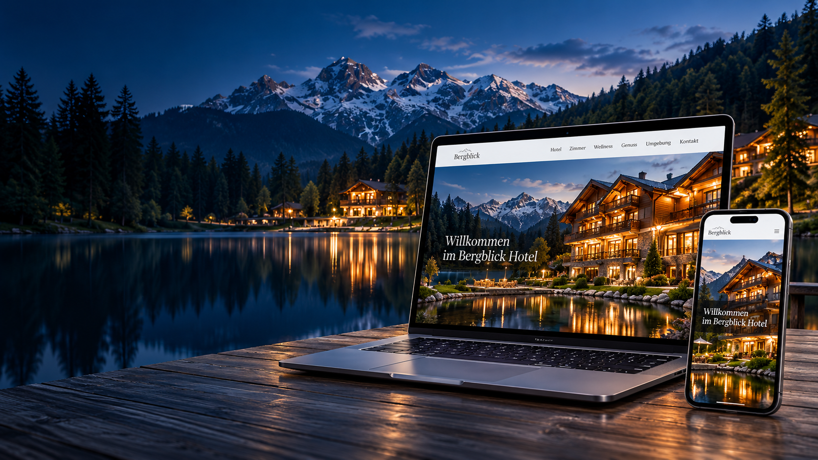 Laptop und Smartphone mit einer Hotelwebsite am stimmungsvollen Bergsee